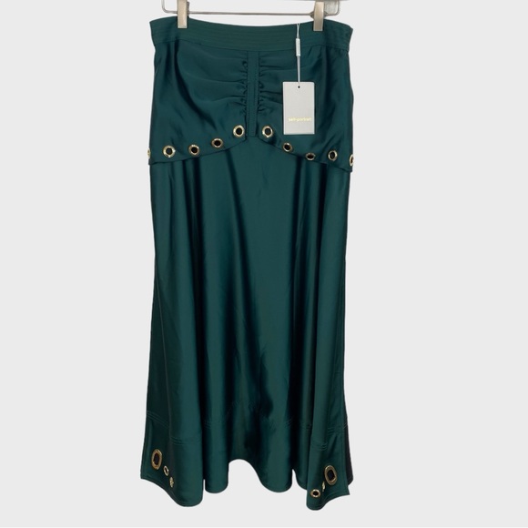 Self Portrait NWT Dark Green Satin Midi Skirt with Grommets US Size 8 - Picture 1 of 10